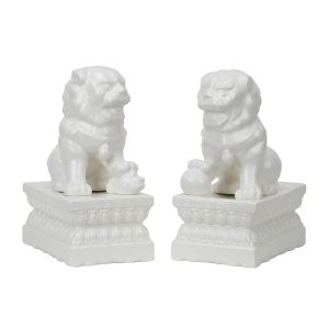Ceramic White Foo Lion Sculpture Set 2
