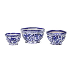 Porcelain Blue and White Floral Bowls Set 3