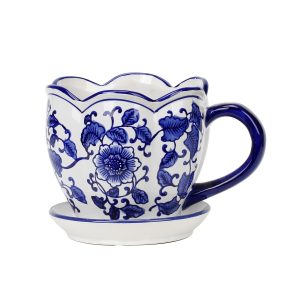 Porcelain Blue and White  Cup and Saucer Planter Set with Scallope Edge and Dalia Motif