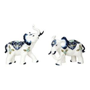 Ceramic Blue and White Flower Elephants Figurines Set of 2