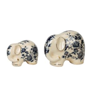 Ceramic Blue and White Elephants Figurines Set of 2