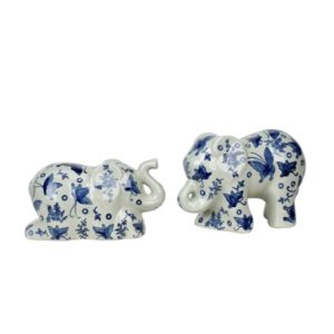 Porcelain Blue and White Flower Elephants Figurines Set of 2