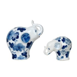 Porcelain Blue and White Flower Elephants Figurines Set of 2